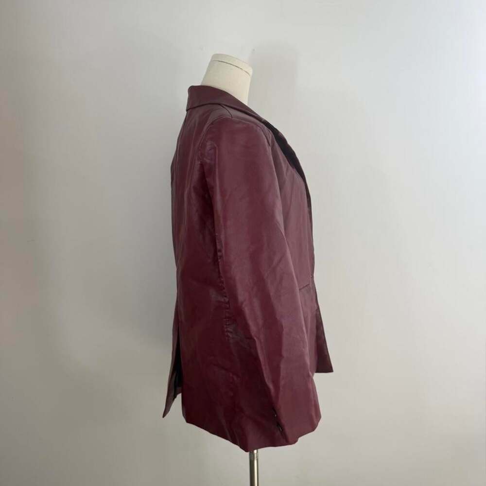 Burgundy Vegan Leather Blazer | Single Button Longline Coat | Women’s Medium - Picture 3 of 4